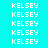 Pixelated text 'KELSEY' repeated across cyan background with three distinct pink horizontal bars at specific positions.