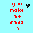 Pixelated red text "you make me smile :)" on light blue background with animated black heart and starburst icons.