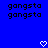 Blue background with four instances of the word 'gangsta' in black pixelated text arranged in two and two , plus two white heart symbols at bottom center-right