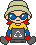 Pixel art character with light green beanie, blue sunglasses, yellow shirt, blue sleeves, red gloves, gray shoes, holding gray laptop with white recycling symbol.