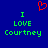 Blue background with green pixelated text reading "I LOVE Courtney" on both sides and a red pixelated heart symbol above the text.