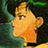 Pixelated close-up of a character's face with orange-yellow skin, dark hair, and red earrings against green and black background.