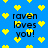 Blue background with yellow pixelated hearts and repeated black text 'raven loves you!' in four quadrants.
