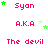 Pixelated text and green stars on white background with repeated phrases 'Syam', 'A.K.A', 'The devil' in red, pink, and light pink.