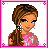 Pixel art of a female character with brown braided hair, blue eyes, and pink high heels, wearing a pink top and white pants with pink accents, displayed in a with text variations