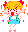Pixelated cartoon girl with blonde pigtails, red bows, and blue overalls stands against gray background; mouth open in shouting expression.
