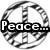 Black-and-white circular icon with peace symbol design, displaying text overlays in sequence.