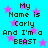 Cyan background with pink stars and repeated text 'My Name is Carly And I'm a BEAST' in pixelated black font.