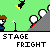 Pixelated animation of a character on a stage with spotlights, showing speech bubbles and sequential movement.