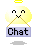 Pixelated yellow angel with white wings and a halo, holding crossed sticks above a purple 'Chat' label on gray background.