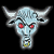 Two pixelated animated frames of a bull-headed creature with glowing eyes and yellow mouth details on black background.