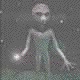 Animated sequence of a gray alien figure with large black eyes, holding glowing orbs that change position and size across frames.