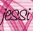 Pink and white striped background with cursive text 'jessi' in dark brown, featuring a small black dot above the 'i', and an animated butterfly appearing on the right side.