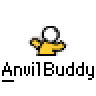 Animated contact sheet showing five frames of a yellow stick figure character with white head and black top hat, each frame displaying different pose or accessory states above repeated "AnvilBuddy" text.