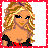 Pixelated image of a blonde woman with blue eyes wearing a black top with red accents, positioned above a of text and symbols