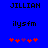 Blue background with black text 'JILLIAN' and 'ilysfm', red and purple pixelated flower shapes, showing animation of one red flower changing to two