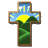 Four identical cross-shaped animated buddy icons with a landscape scene inside, each featuring a yellow sun over green hills under a blue sky with white clouds and brown wooden frame borders.
