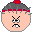 Pixelated cartoon face with gray hair, red headband, and angry expression showing crossed eyes and a downturned mouth.