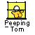 A yellow window frame with a white character peeking out, holding or interacting with orange and white objects