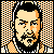 Pixelated static icon of a man's face with black hair and beard, set against an orange-and-white checkered background.