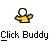 Pixelated yellow figure with white head and outstretched arms, paired with cursor icons in various states including static arrow, clicking animation, and red splatter effects.