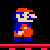 Pixelated character in blue overalls and red shirt with orange hat stands on pink platform against black background.