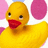 Yellow rubber duck with red beak, black eyes, and pink circular background elements in pixelated style.