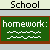 Pixelated school scene with multiple identical students at desks, a chalkboard showing 'homework: work:' text, and repeated 'School' labels.