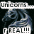 Pixelated image split into two : left shows a dark unicorn with text, right shows a bright blue background with a running unicorn and bold yellow text