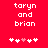 Red background with white pixelated text 'taryn and brian' above a of six small icons, including four white crosses and two pink hearts