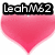 Two pink heart icons with 'LeahM62' text above and below, and a black peace symbol on the right side.