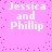 Four identical pixelated text blocks reading "Jessica and Phillip" on a pink background with scattered darker pink dots.