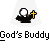 Pixelated icon of a robed figure holding a cross on a gray background with "God's Buddy" text below.