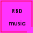 Four identical pink square icons with red borders, each containing 'RBD' and 'music' text; two include small symbols in corners.