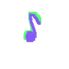 Animated sequence of musical note and treble clef icons transitioning through various states with purple, green, orange, and blue colors on a gray background.