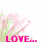 Pixelated pink text overlays a white background with green and pink floral sprays, displaying phrases about love.