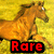 Brown horse in mid-gallop on yellow grassy background with red 'Rare' text overlay.
