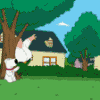 Animated sequence showing a cartoon character in white shirt and dark pants jumping near a tree with a small dog, against suburban house background.
