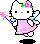 Pixel art of a white cat with pink dress and flower crown holding a rose, showing slight pose variation