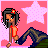 Pixel art animation of a character with dark hair and red flower accessory against pink star background, showing sequential pose changes and text variations.