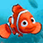 Pixelated orange clownfish with white stripes swims against blue background, paired with pixelated text on solid orange