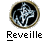 Circular icon with a metallic gold border containing abstract blue and white pixelated shapes on black background, below which is the text 'Reveille' in bold blocky font.