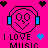 Pixel art icon with pink background, blue headphones on a smiling face, and text reading 'I LOVE MUSIC' with heart symbols.