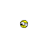 Yellow circular face with wide eyes and a small mouth appears in multiple on gray background, with red and white pixelated effects scattered below
