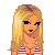 Pixel art contact sheet showing multiple frames of a blonde cartoon girl in rainbow striped top and black skirt with text fragments arranged around her.