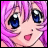 Pixelated anime-style face with pink hair, blue eyes, and a smiling expression, next to stylized text on a black background.