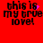 Red background with black pixelated text reading "this is my true love!" and scattered purple pixel dots in four positions