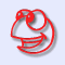 Red line-drawn cartoon fish head with varying expressions and orientations on light blue background.