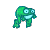 Green cartoon character with large eyes and a wide smile in various poses, some showing text below.