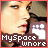 repeated pixelated images showing a person's face with red text reading 'MySpace Whore' and a white paw print symbol, with one frame displaying 'iconhell' in red text on a black background